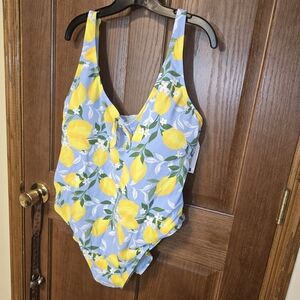 NWT Time & Tru Lemon Print With Keyhole Cutout & Tie One-Piece Swimsuit 24W